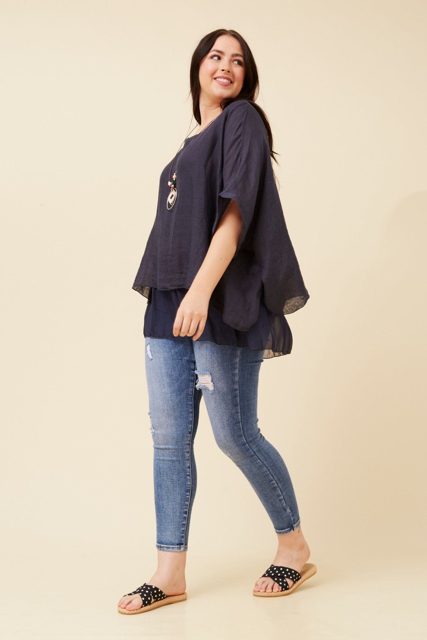 Giana Double Layered Linen Top (Navy) - Something For Me​​
