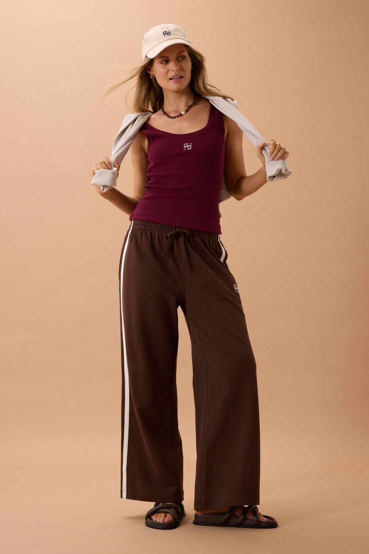 Gigi Wide Leg Terry Trackpant (Chocolate Side Stripe) - Something For Me​​
