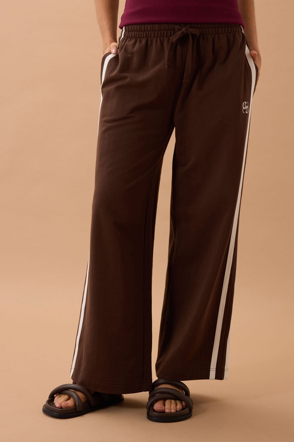 Gigi Wide Leg Terry Trackpant (Chocolate Side Stripe) - Something For Me​​