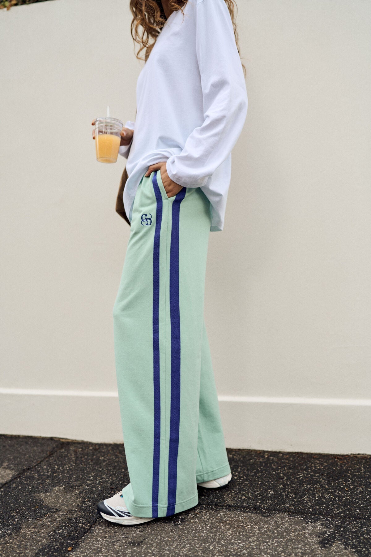 Gigi Wide Leg Terry Trackpant (Seafoam/Polo Blue Side Stripe) - Something For Me​​