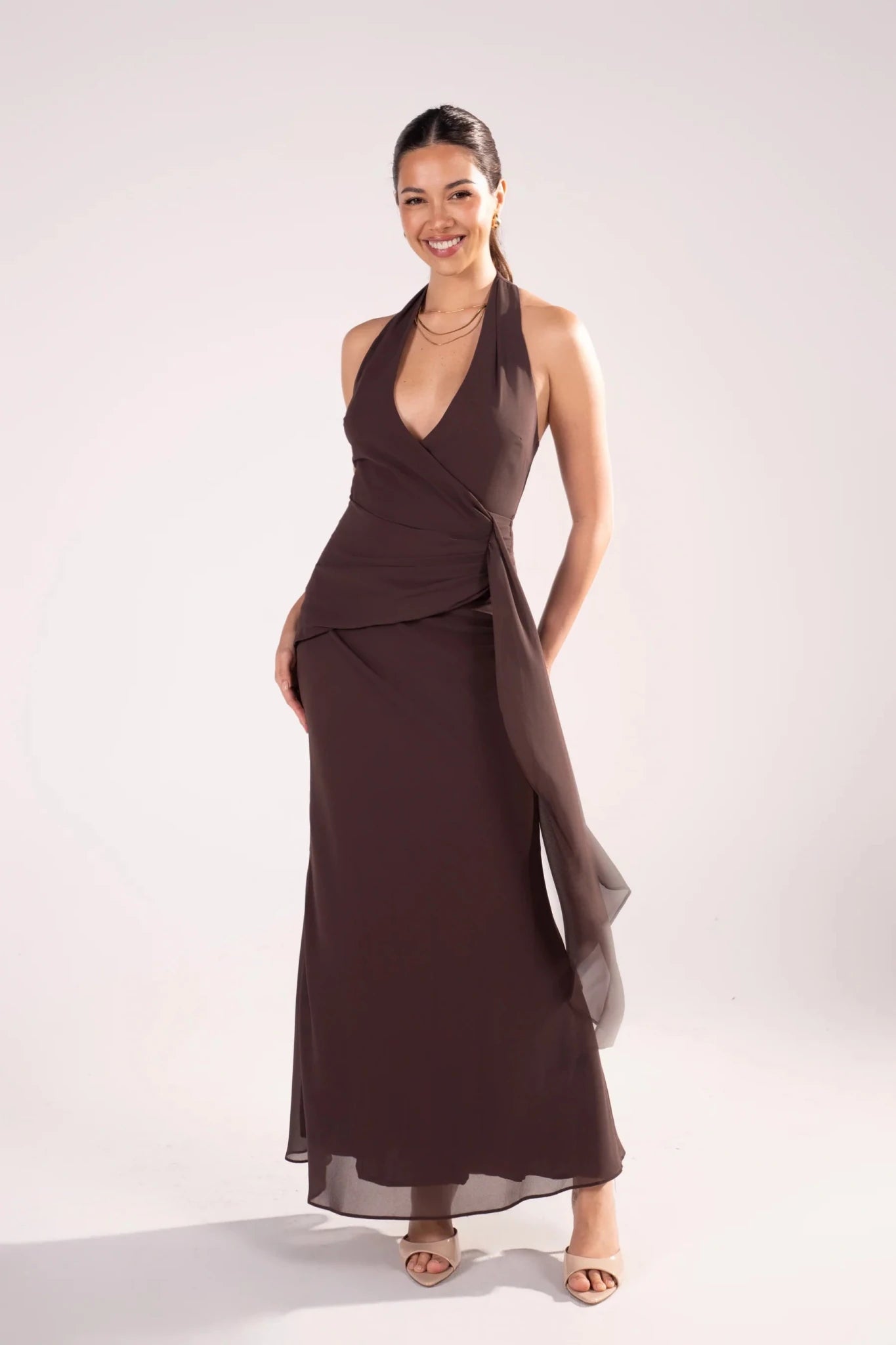 Givelle Maxi V-Neck Halter Dress (Chocolate) - Something For Me​​