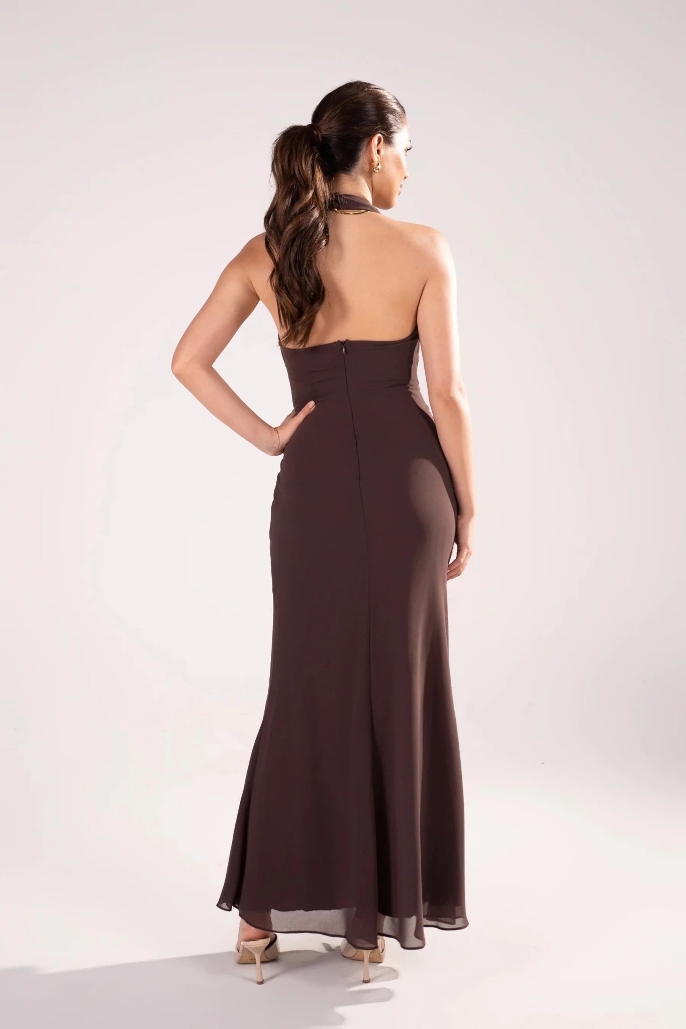 Givelle Maxi V-Neck Halter Dress (Chocolate) - Something For Me​​