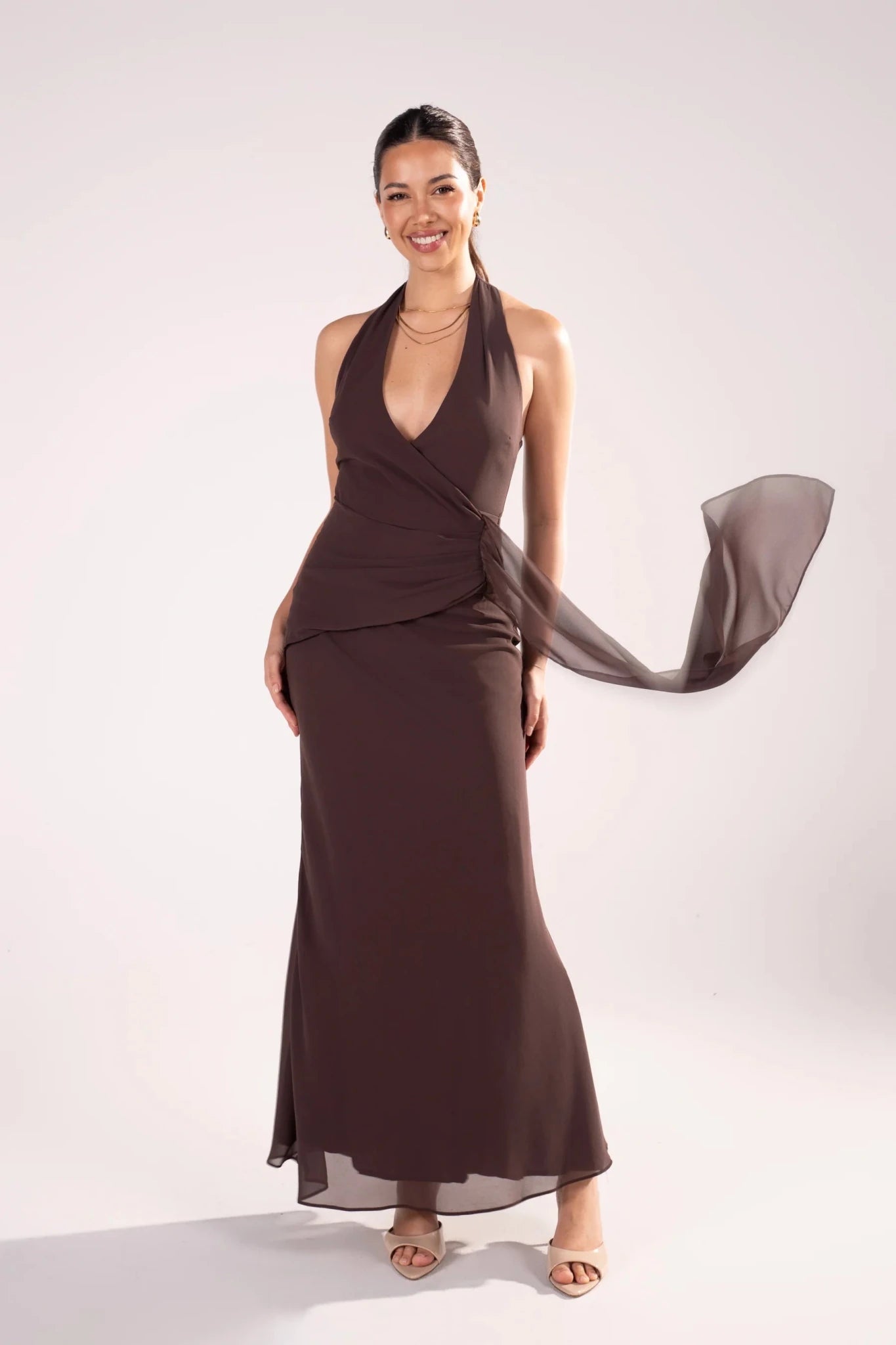 Givelle Maxi V-Neck Halter Dress (Chocolate) - Something For Me​​