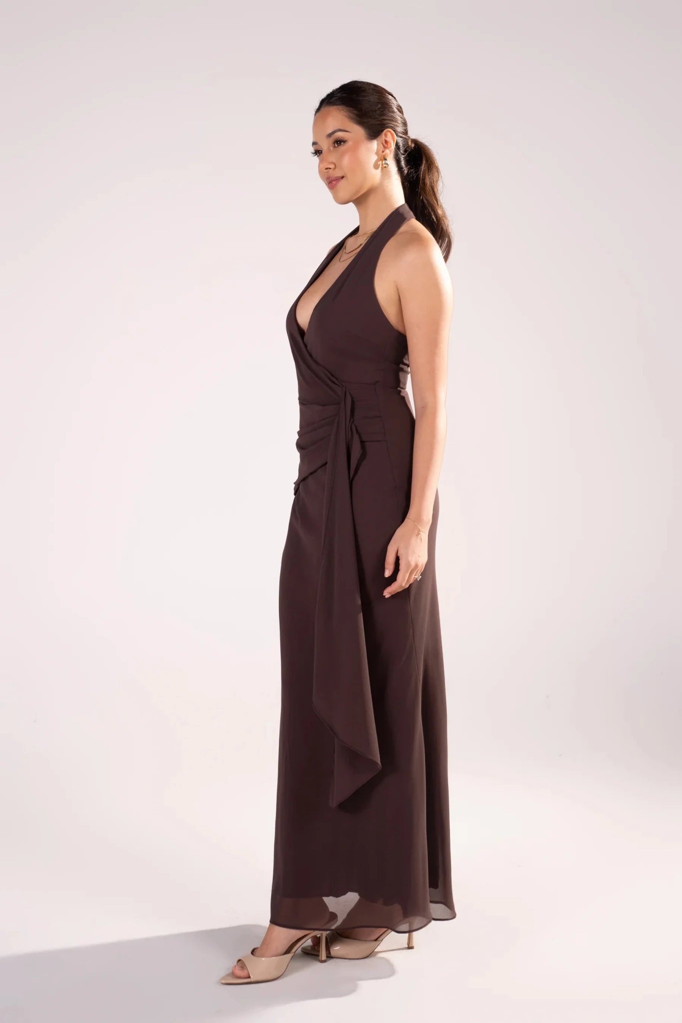 Givelle Maxi V-Neck Halter Dress (Chocolate) - Something For Me​​