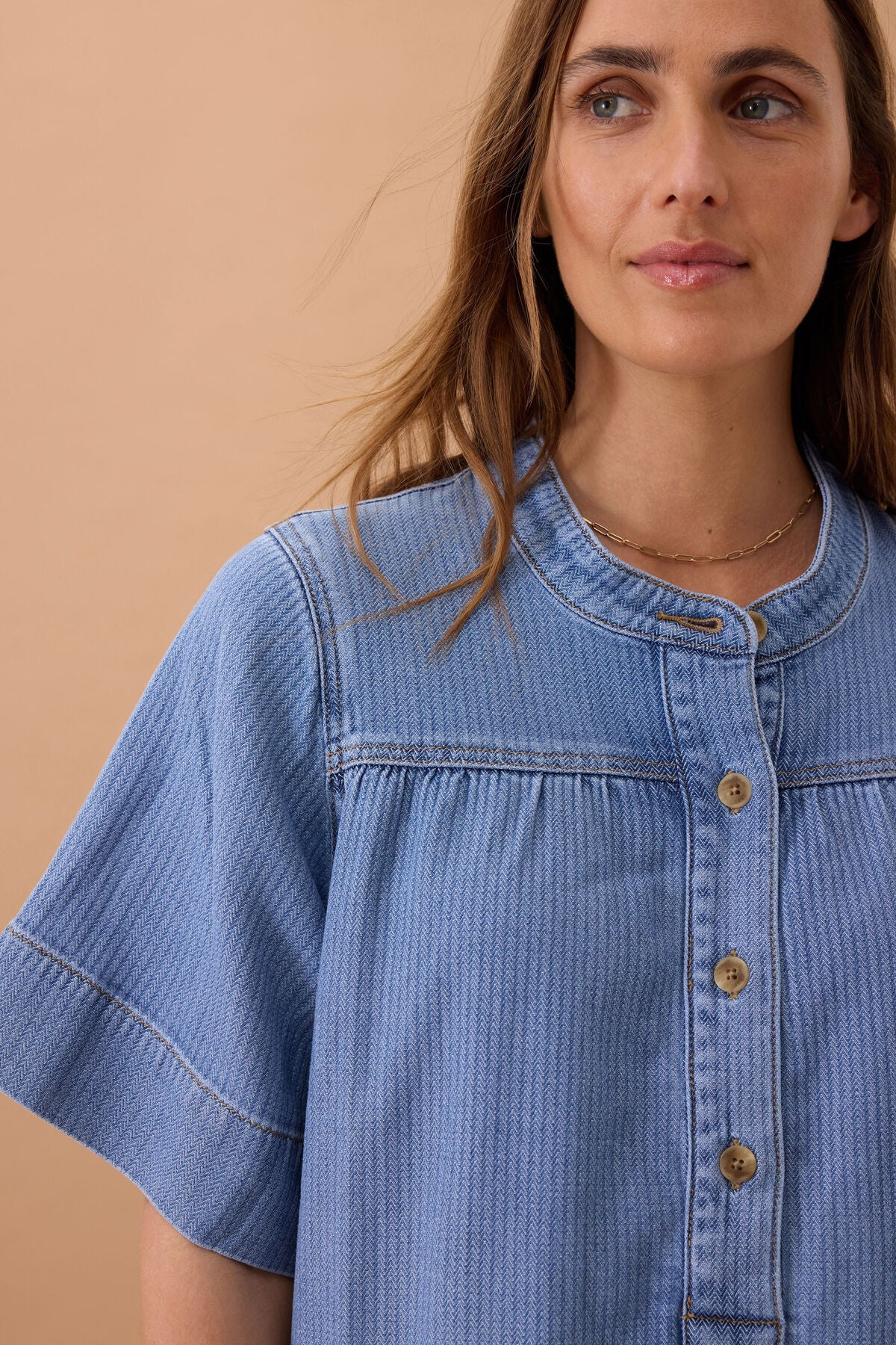Half Placket Tunic Dress (Blue Herringbone) - Something For Me​​