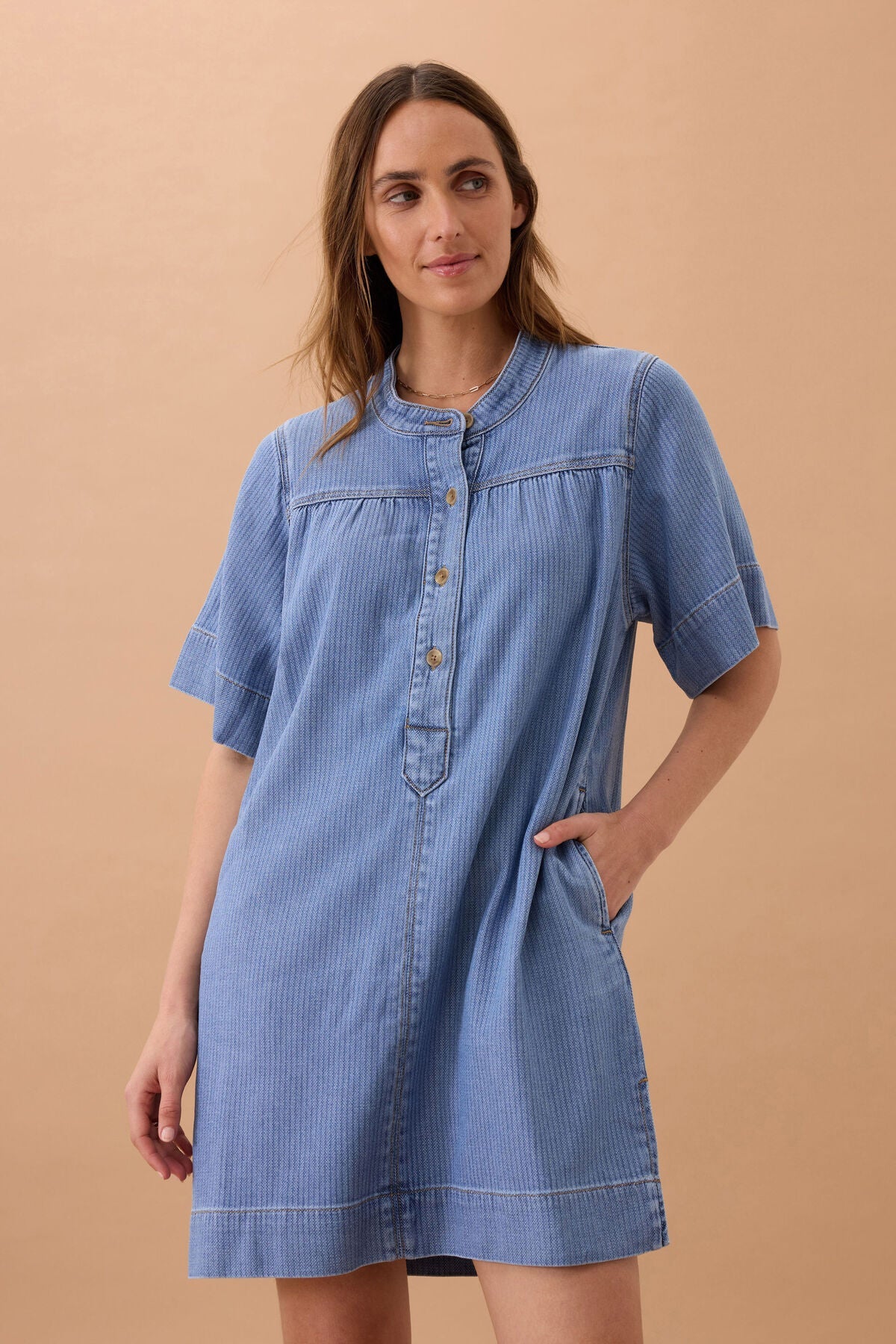 Half Placket Tunic Dress (Blue Herringbone) - Something For Me​​