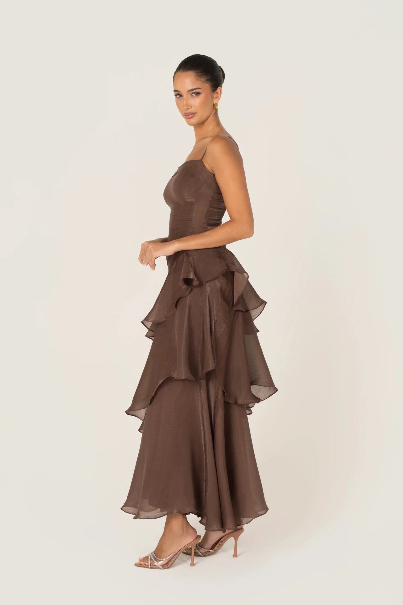 Johanna Shimmering Ruffle Maxi Dress (Chocolate) - Something For Me​​