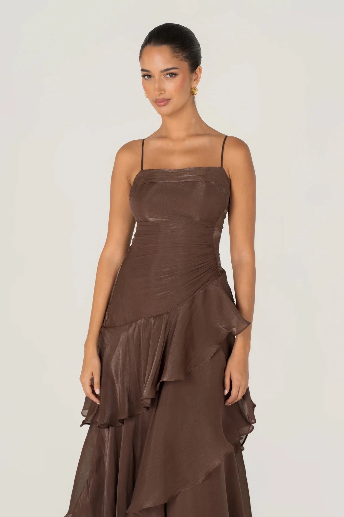 Johanna Shimmering Ruffle Maxi Dress (Chocolate) - Something For Me​​