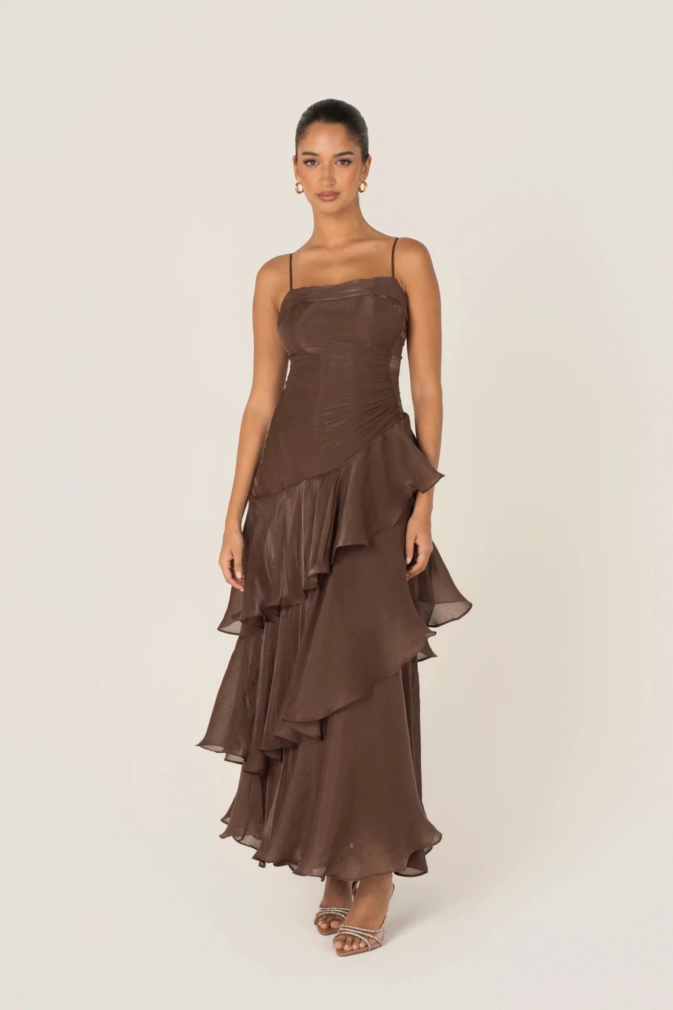 Johanna Shimmering Ruffle Maxi Dress (Chocolate) - Something For Me​​