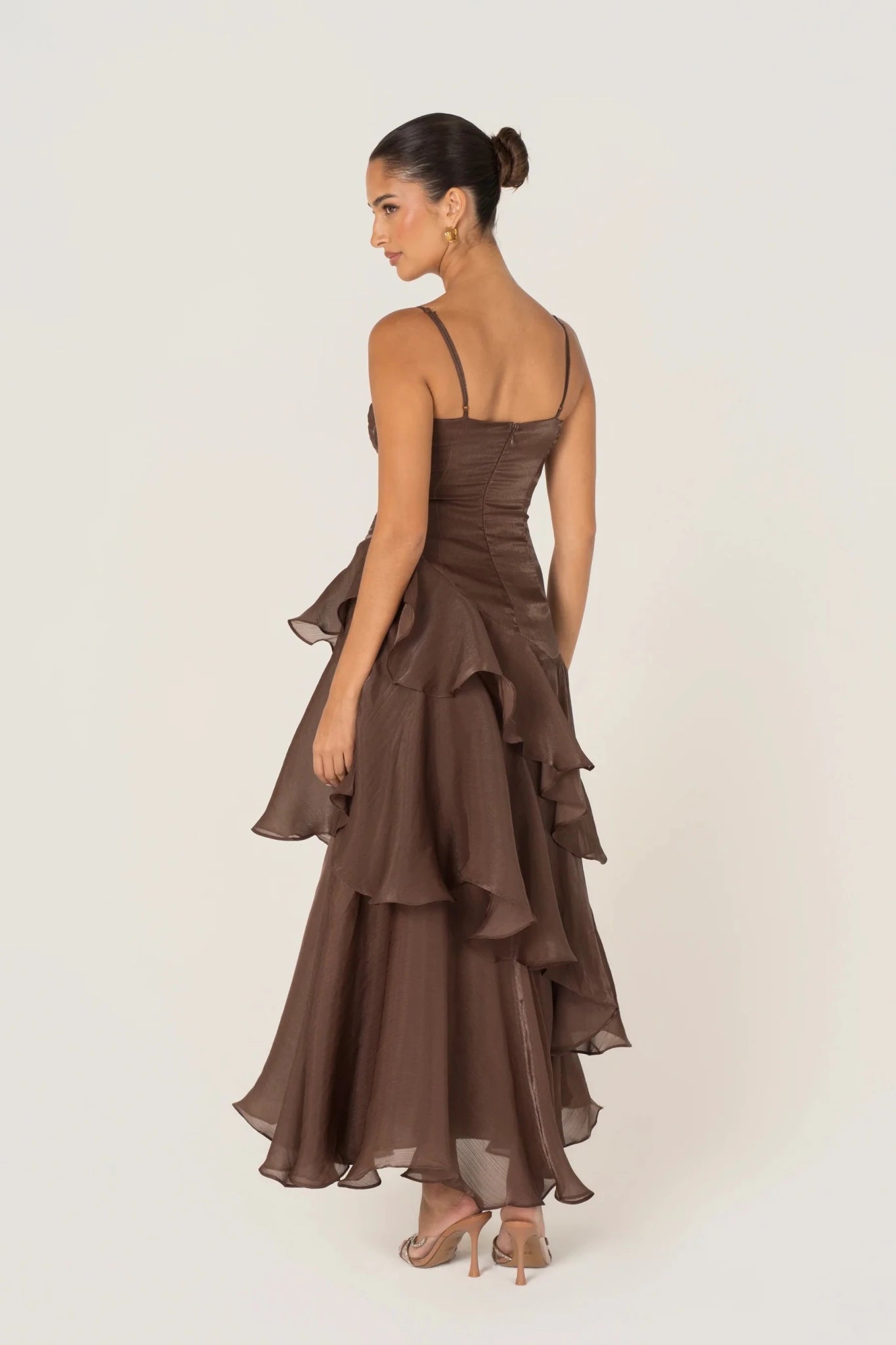 Johanna Shimmering Ruffle Maxi Dress (Chocolate) - Something For Me​​