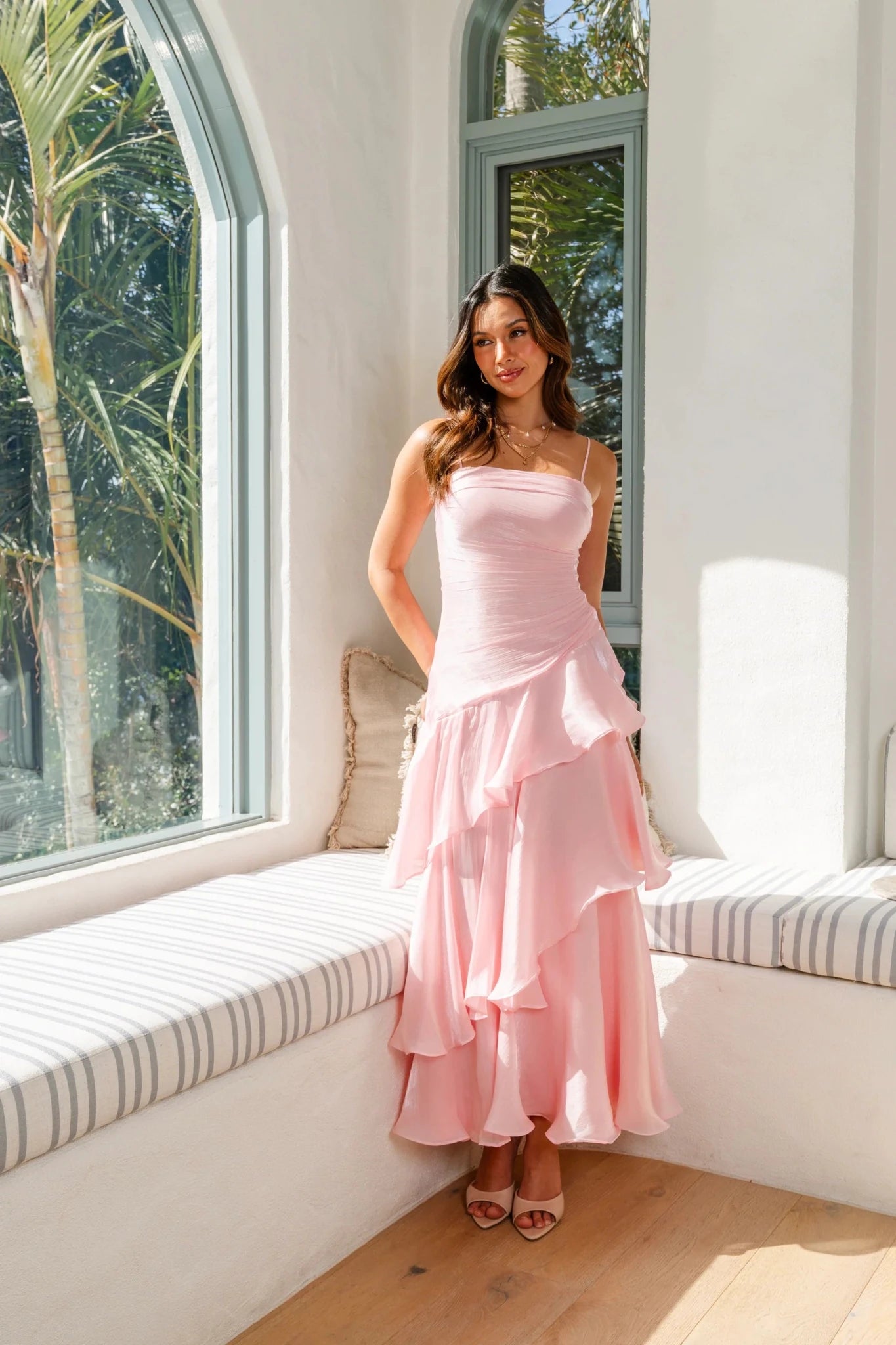Johanna Shimmering Ruffle Maxi Dress (Pink) - Something For Me​​