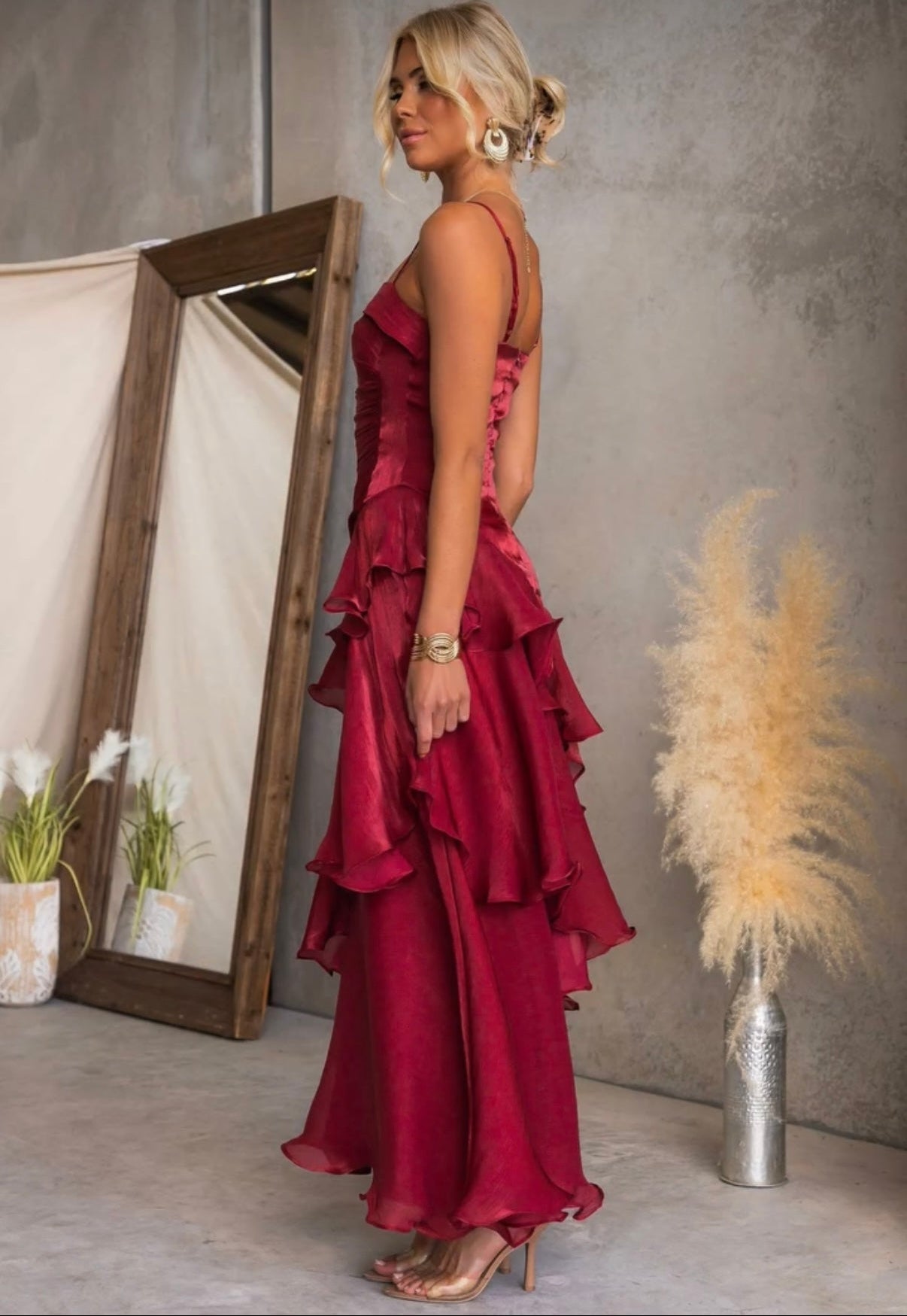 Johanna Shimmering Ruffle Maxi Dress (Wine) - Something For Me​​