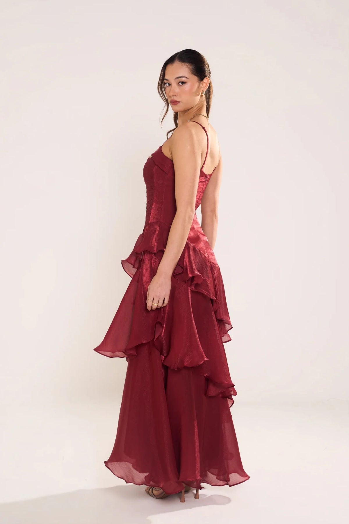 Johanna Shimmering Ruffle Maxi Dress (Wine) - Something For Me​​