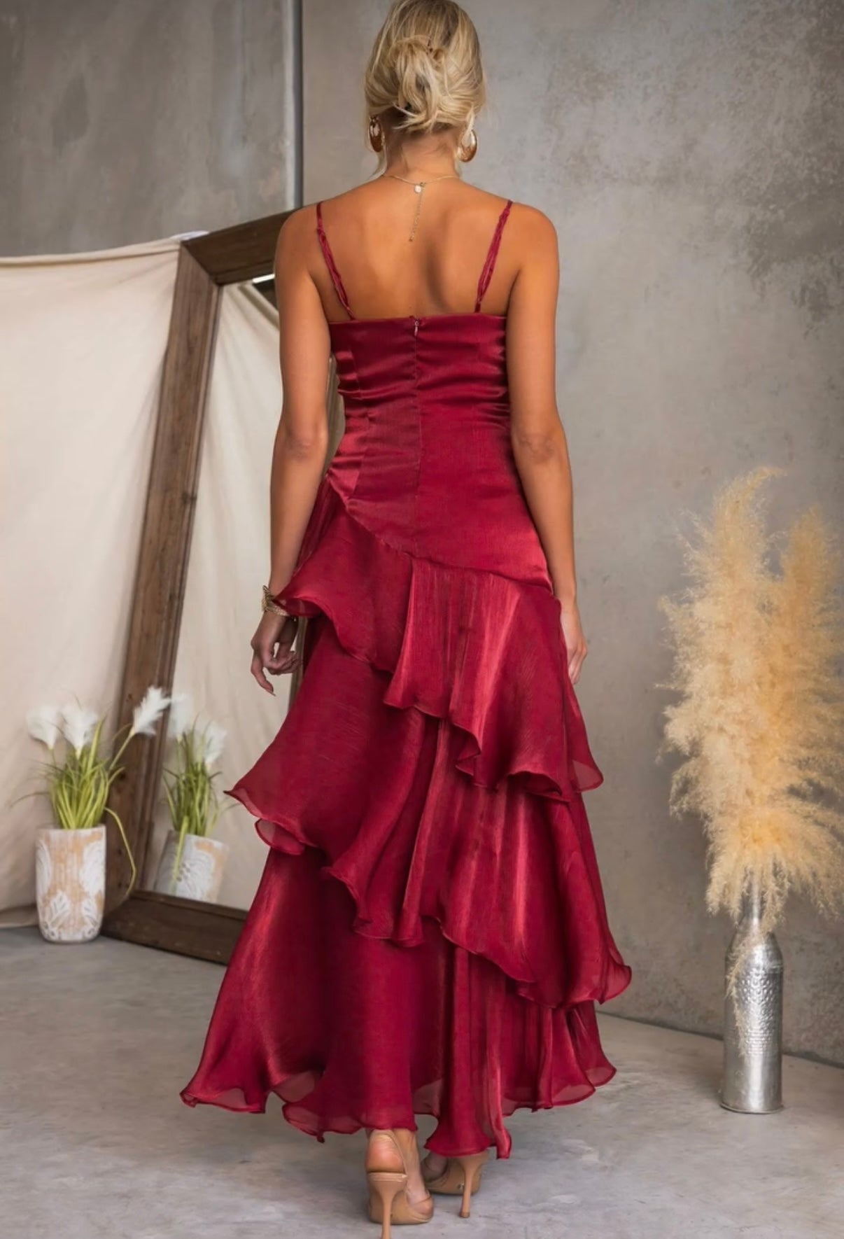 Johanna Shimmering Ruffle Maxi Dress (Wine) - Something For Me​​