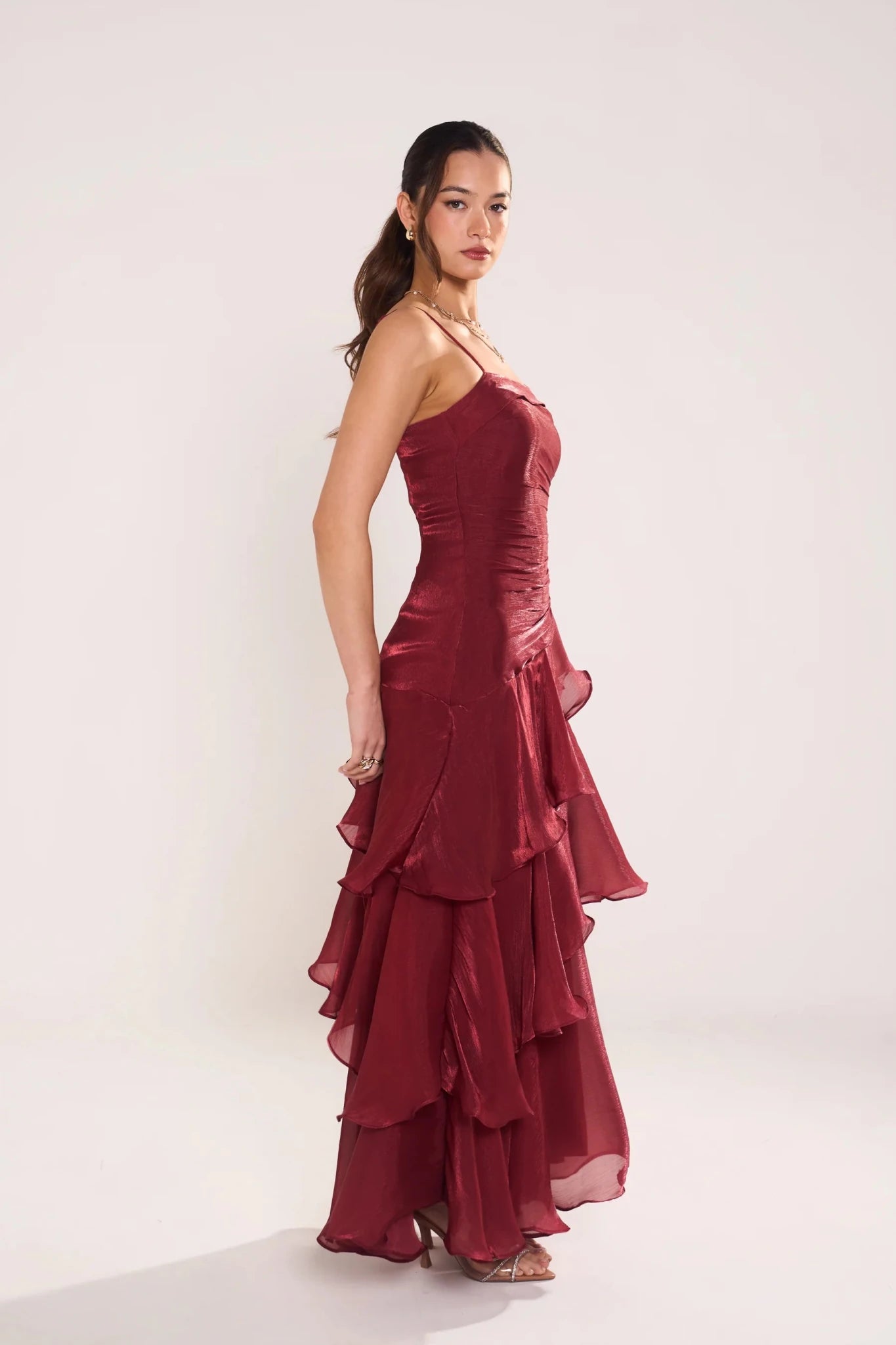 Johanna Shimmering Ruffle Maxi Dress (Wine) - Something For Me​​