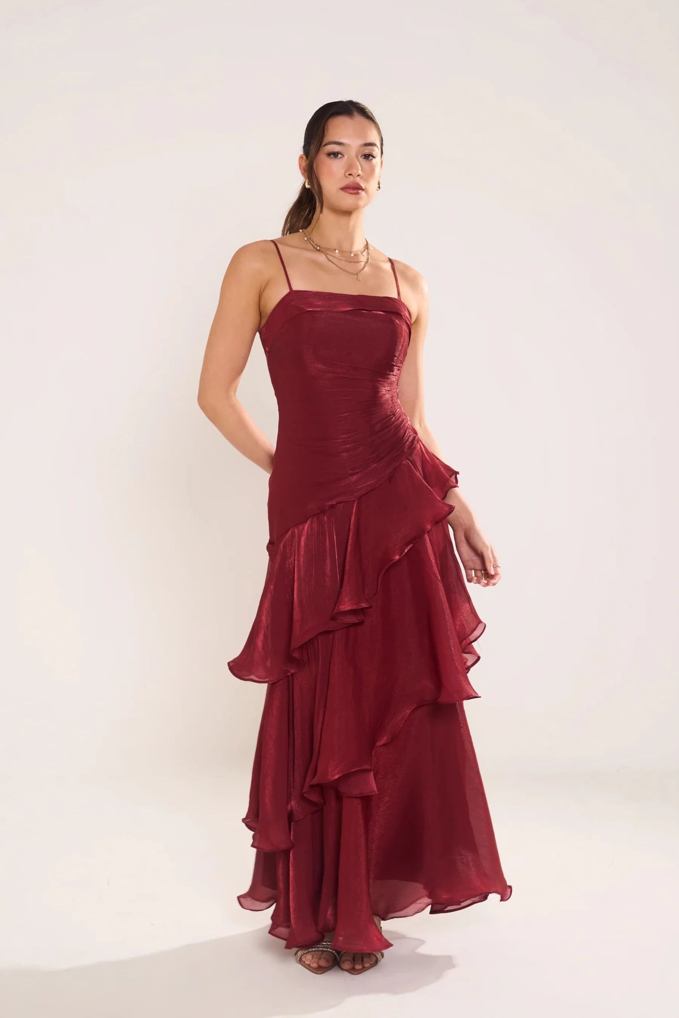 Johanna Shimmering Ruffle Maxi Dress (Wine) - Something For Me​​