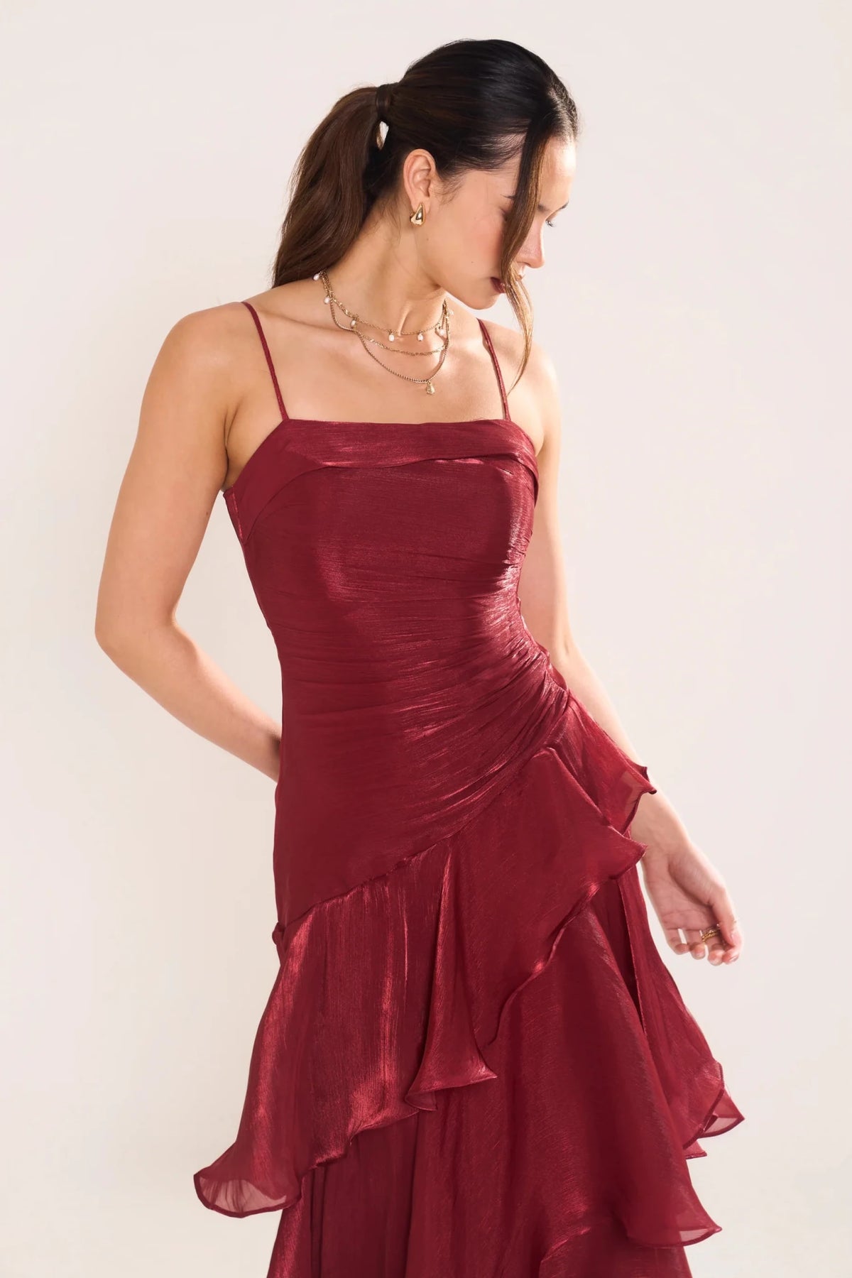 Johanna Shimmering Ruffle Maxi Dress (Wine) - Something For Me​​