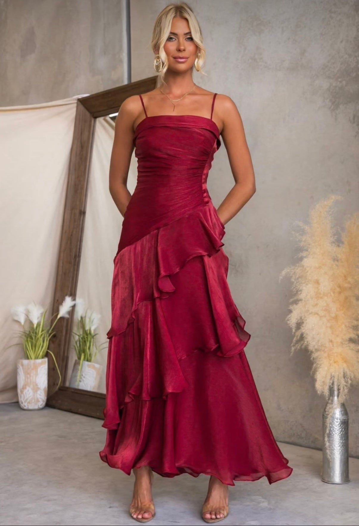 Johanna Shimmering Ruffle Maxi Dress (Wine) - Something For Me​​