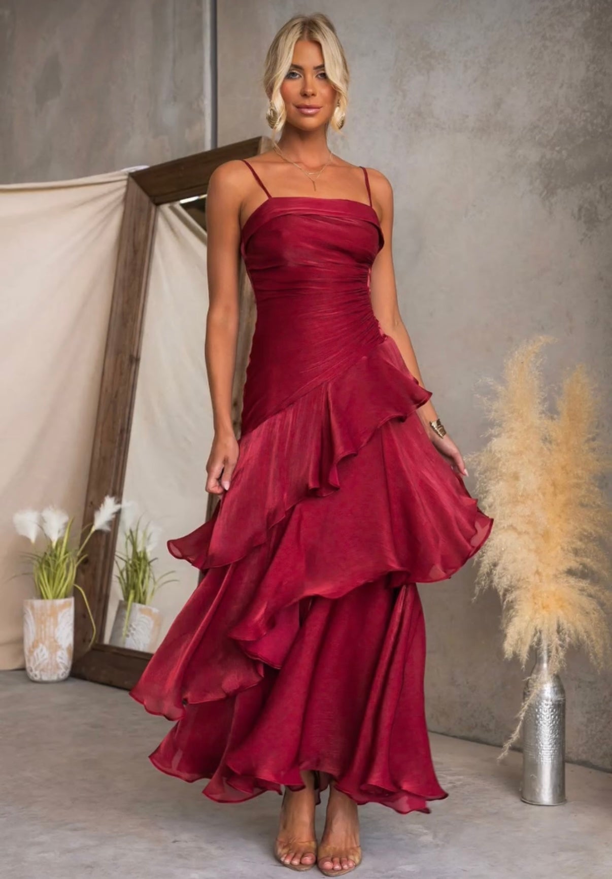Johanna Shimmering Ruffle Maxi Dress (Wine) - Something For Me​​