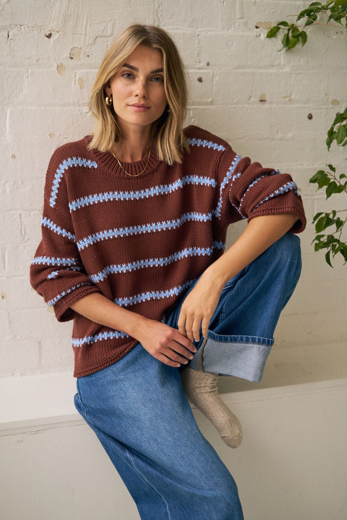 Lila Oversized Knit Crew (Burnt Toffee Stripe) - Something For Me​​