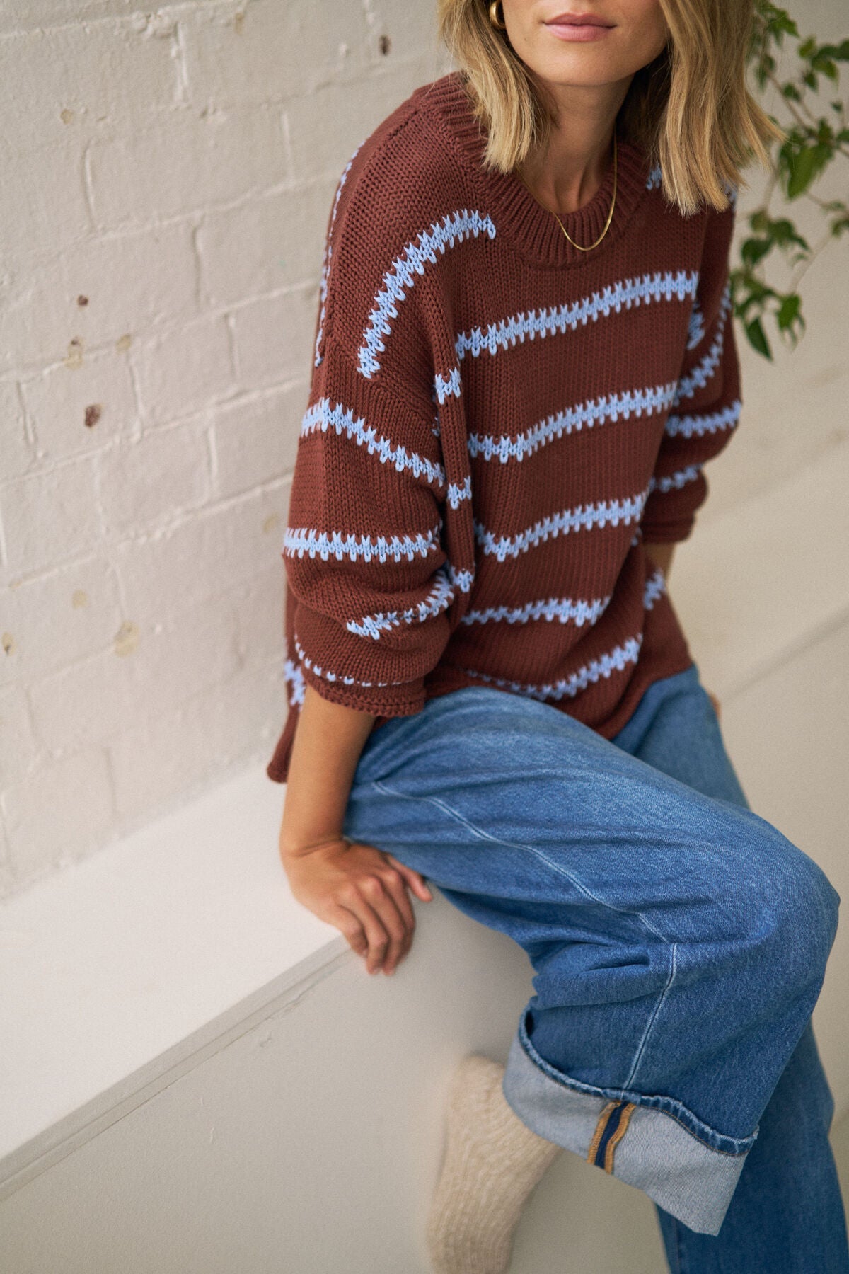 Lila Oversized Knit Crew (Burnt Toffee Stripe) - Something For Me​​