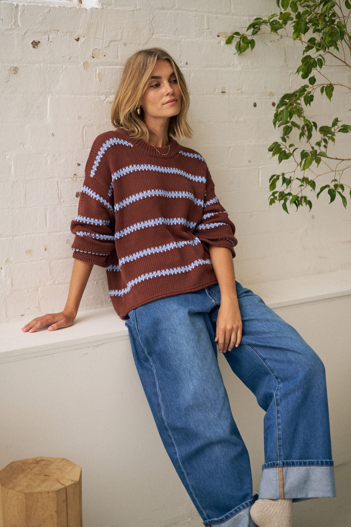 Lila Oversized Knit Crew (Burnt Toffee Stripe) - Something For Me​​