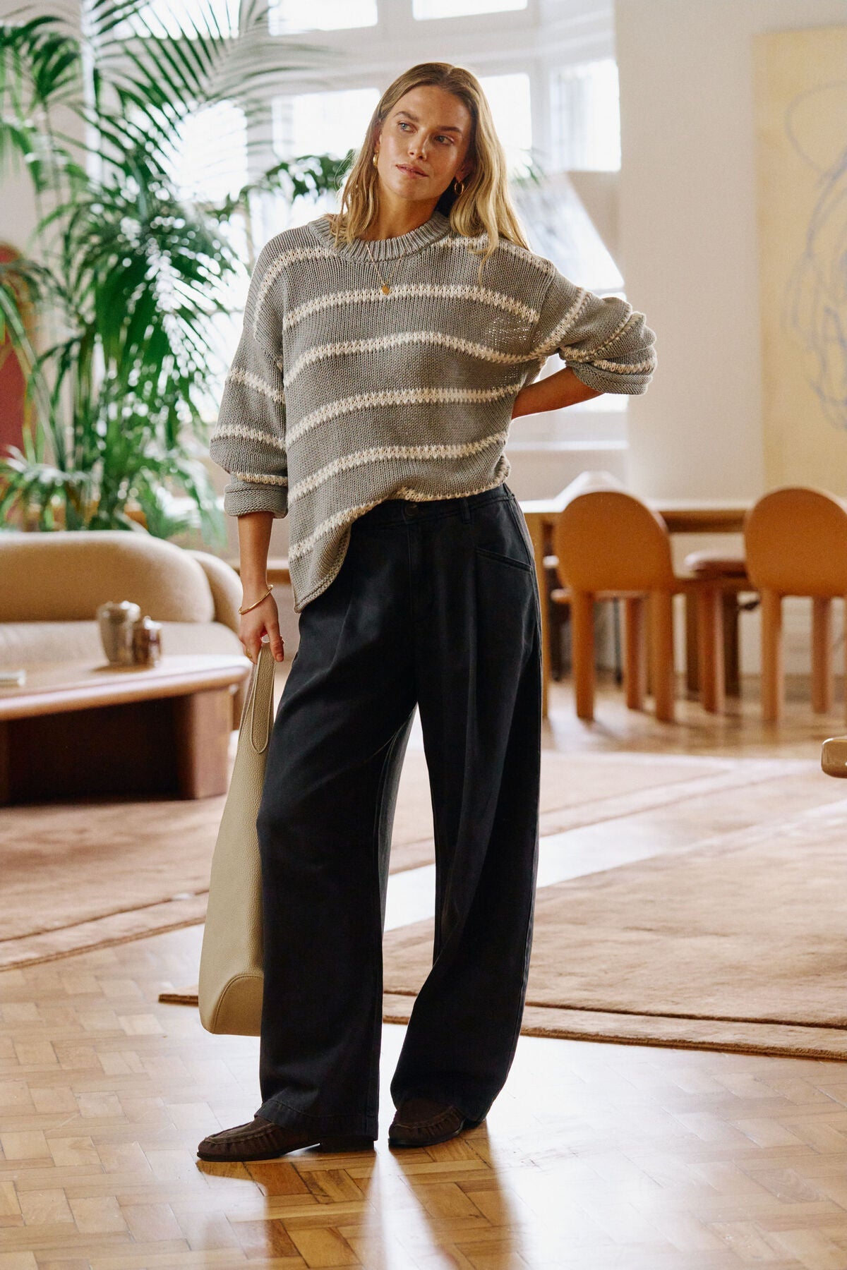 Lila Oversized Knit Crew (Grey Marle Stripe) - Something For Me​​
