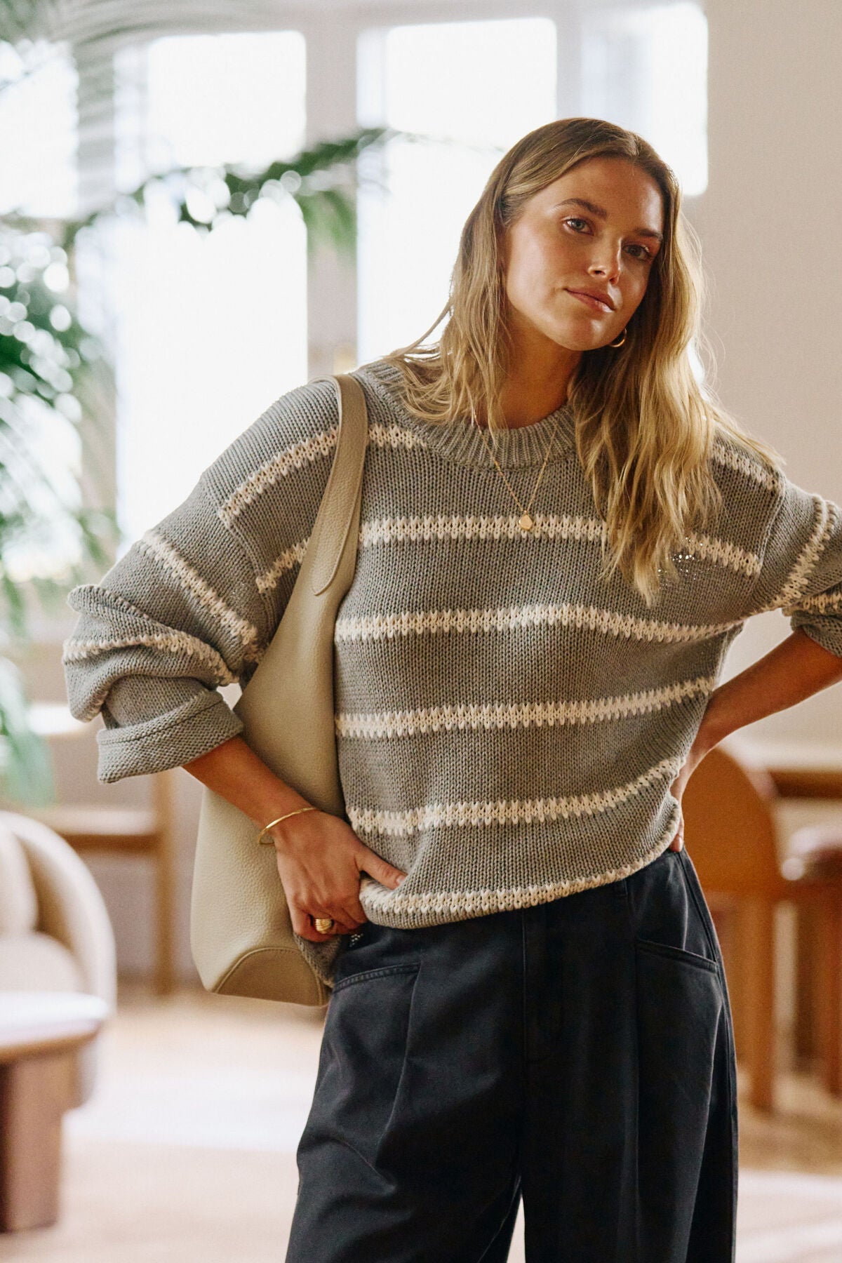 Lila Oversized Knit Crew (Grey Marle Stripe) - Something For Me​​