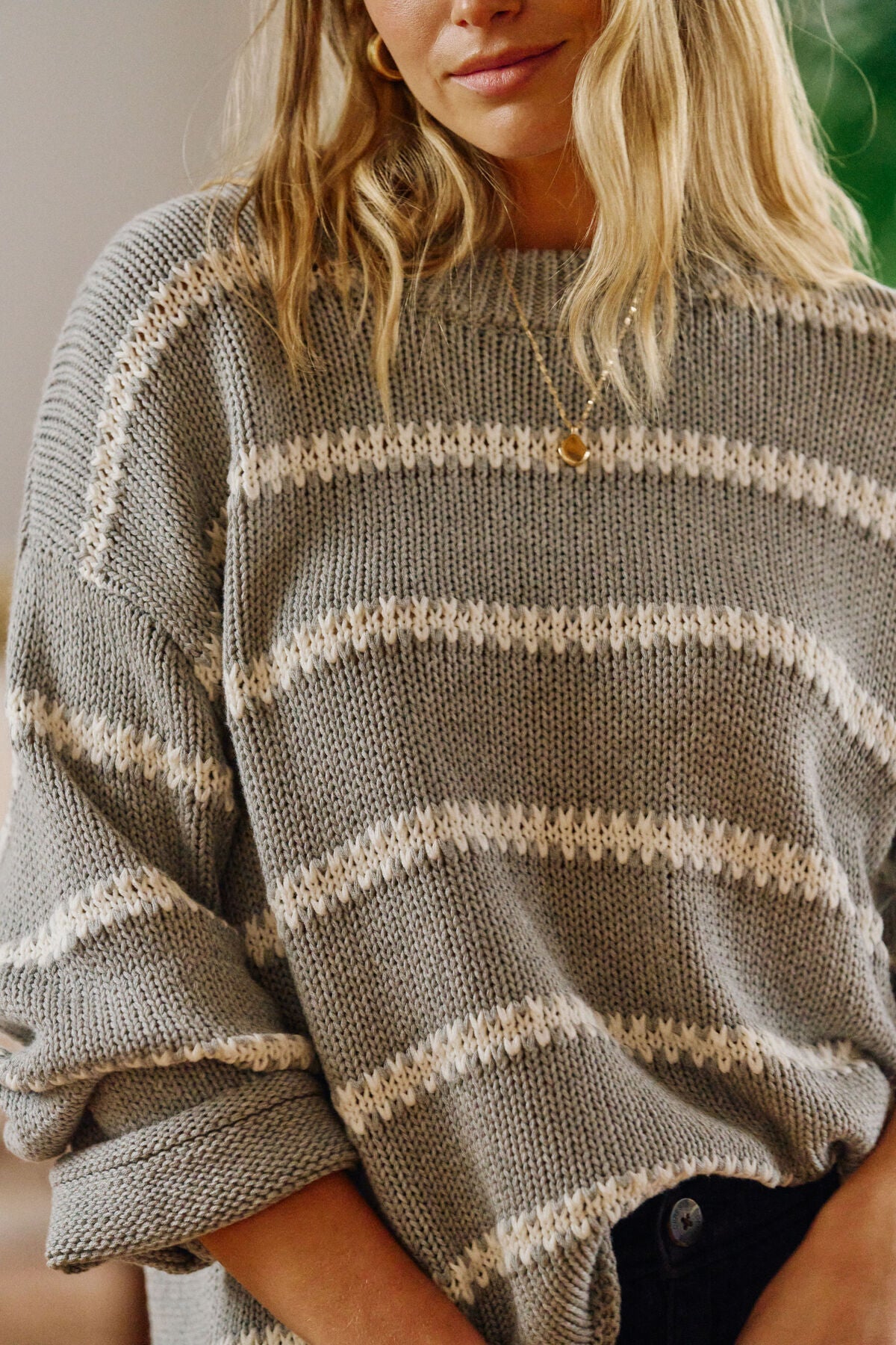 Lila Oversized Knit Crew (Grey Marle Stripe) - Something For Me​​
