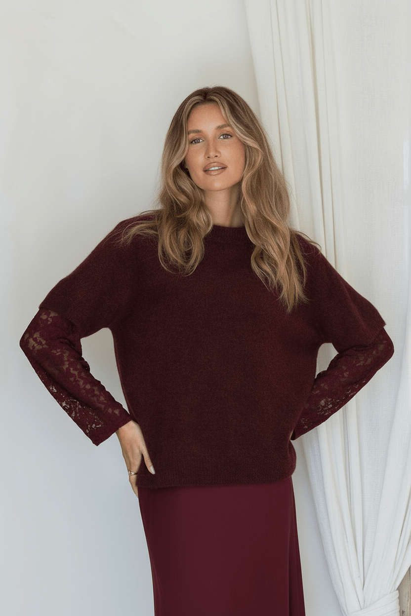 Lola Knit Lace Jumper (Wine Red) - Something For Me​​