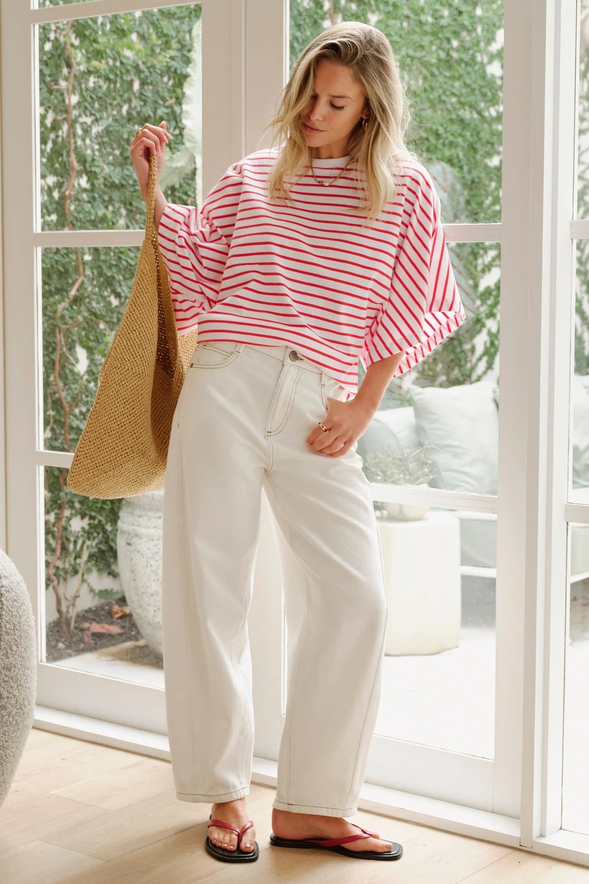 Lucy Relaxed Sleeve Tee (White/Heritage Red Stripe) - Something For Me​​