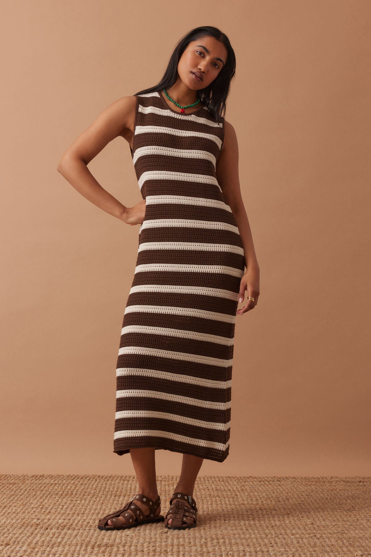 Margot Mesh Knit Tank Midi Dress (Choc Stripe) - Something For Me​​