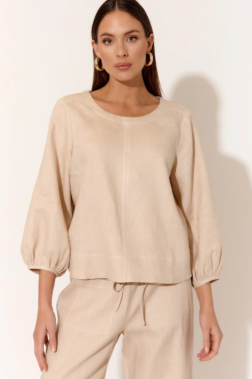 Mia Contrast Stitch Linen Top (Camel) - Something For Me​​