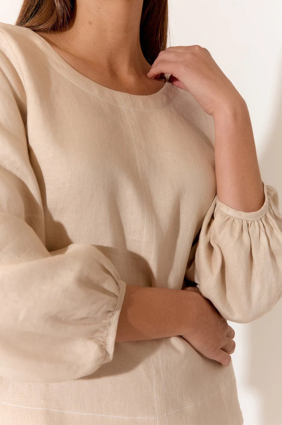 Mia Contrast Stitch Linen Top (Camel) - Something For Me​​