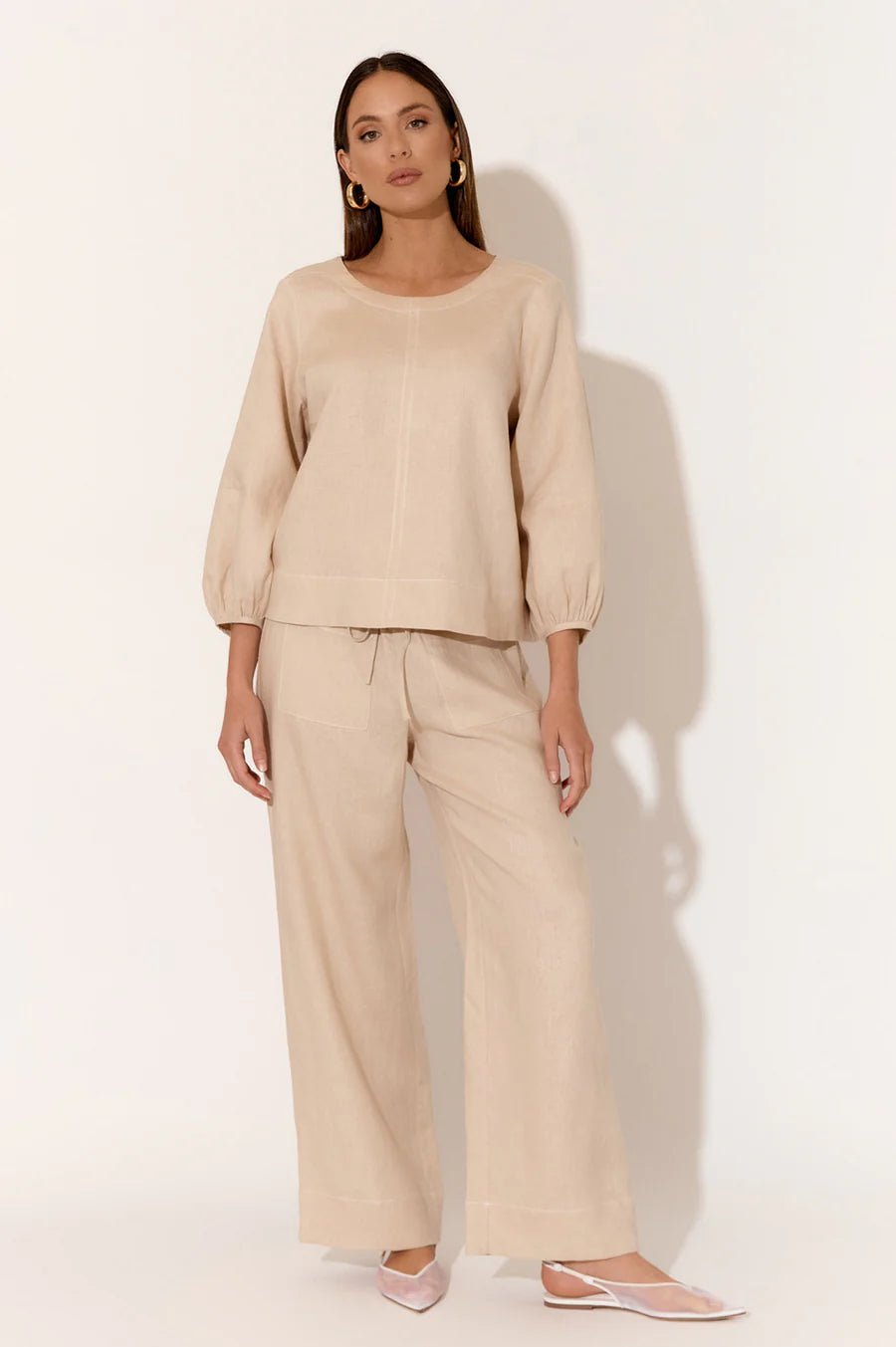 Mia Contrast Stitch Linen Top (Camel) - Something For Me​​