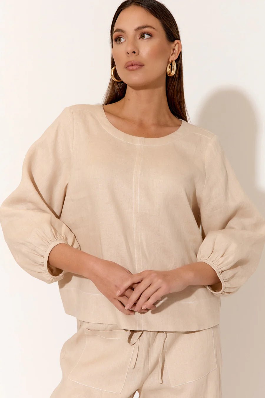 Mia Contrast Stitch Linen Top (Camel) - Something For Me​​