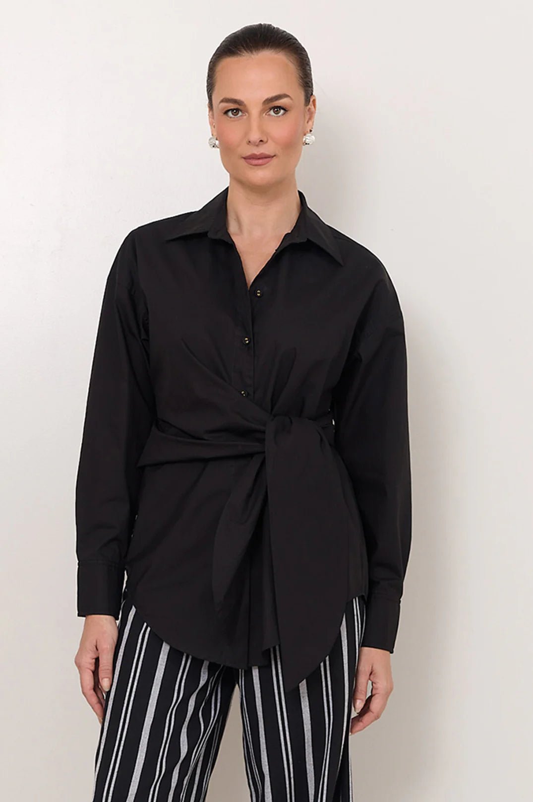 Mina Tie Waist Poplin Shirt (Black) - Something For Me​​