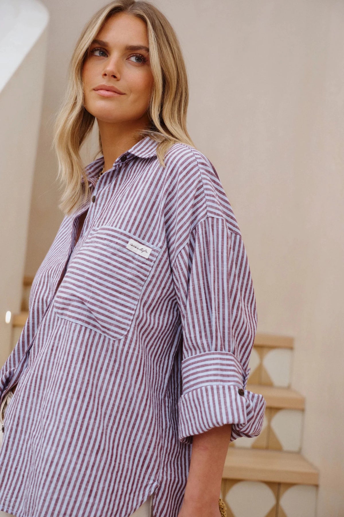 Miya Shirt (Burgundy Blue Small Stripe) - Something For Me​​