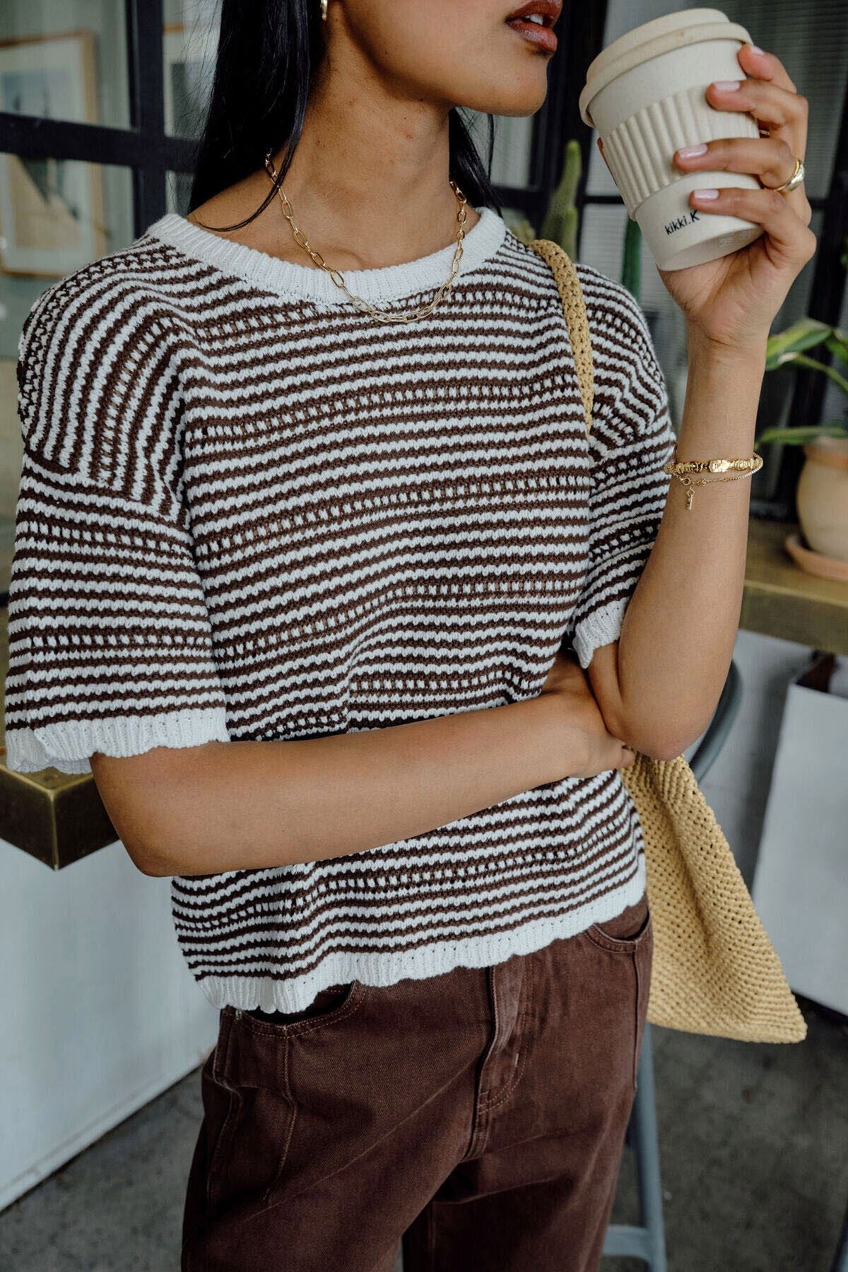 Nina Boxy Knit Tee (Chocolate Stripe) - Something For Me​​