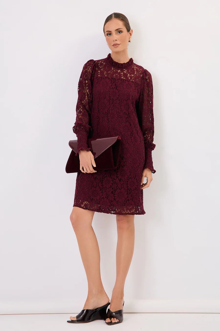 Olivia Long Sleeve Lace Dress (Burgundy) - Something For Me​​