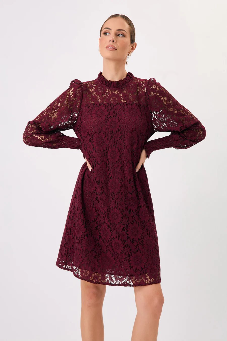 Olivia Long Sleeve Lace Dress (Burgundy) - Something For Me​​