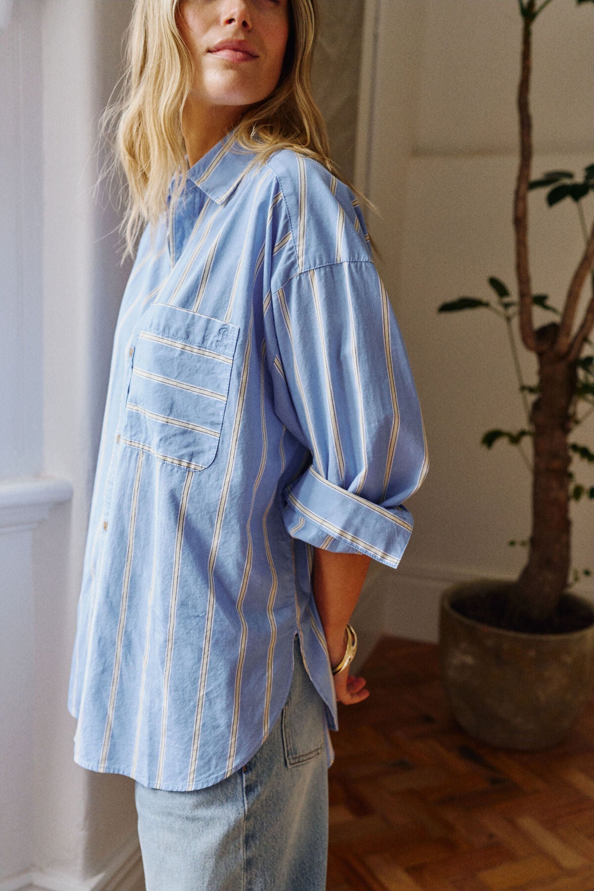 Peta Oversized Shirt (Bay Blue Butter Yellow Stripe) - Something For Me​​