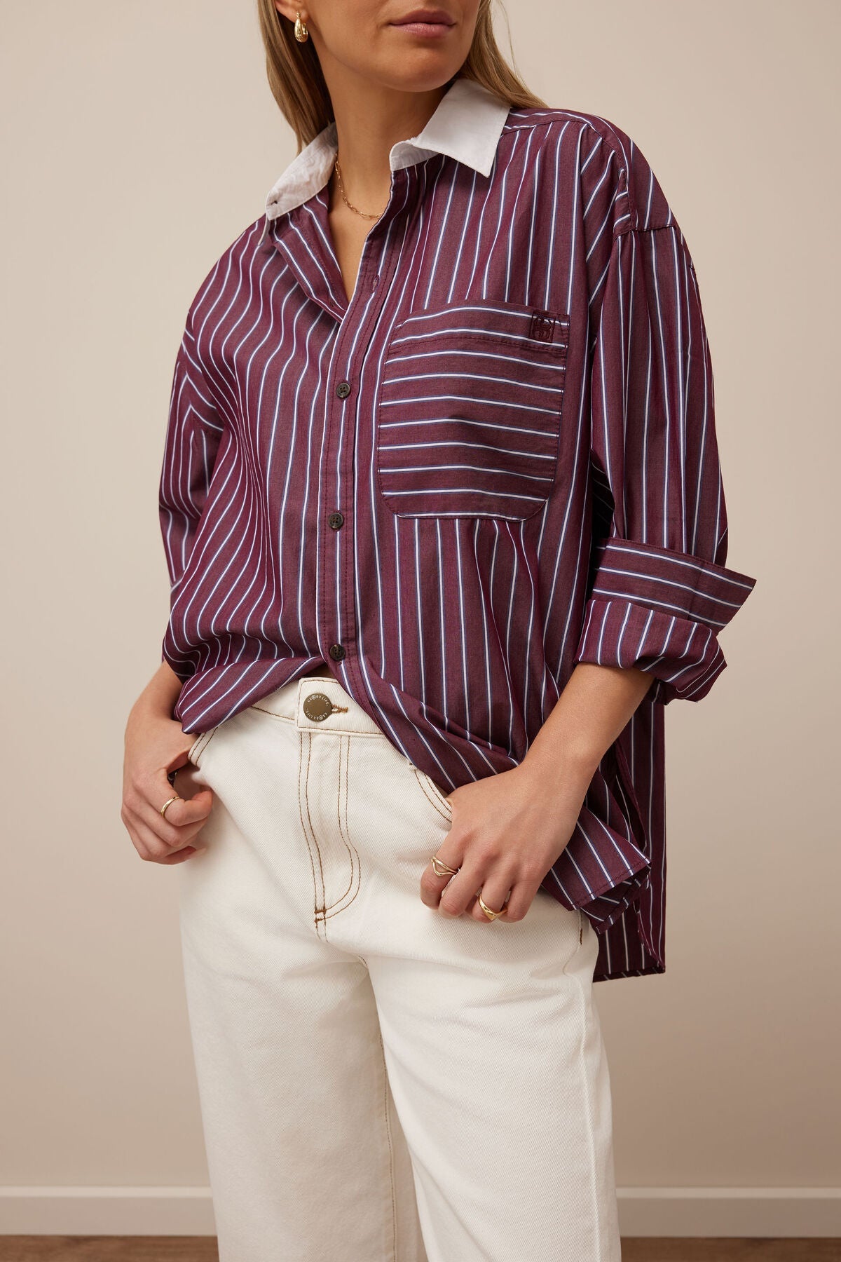 Peta Oversized Shirt (Burgundy Washed Navy Stripe White Collar) - Something For Me​​