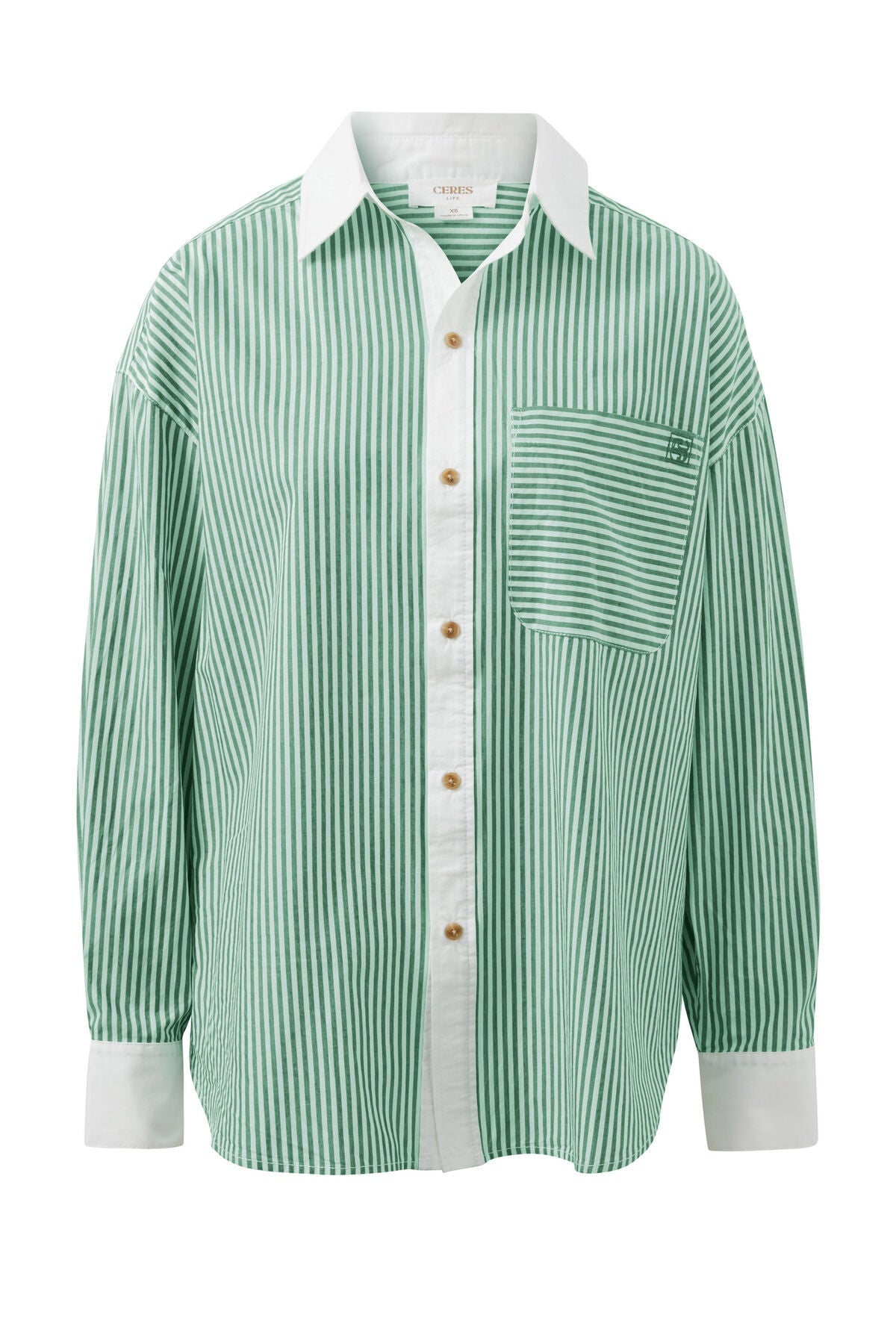 Peta Oversized Shirt (Green Stripe White Collar) - Something For Me​​