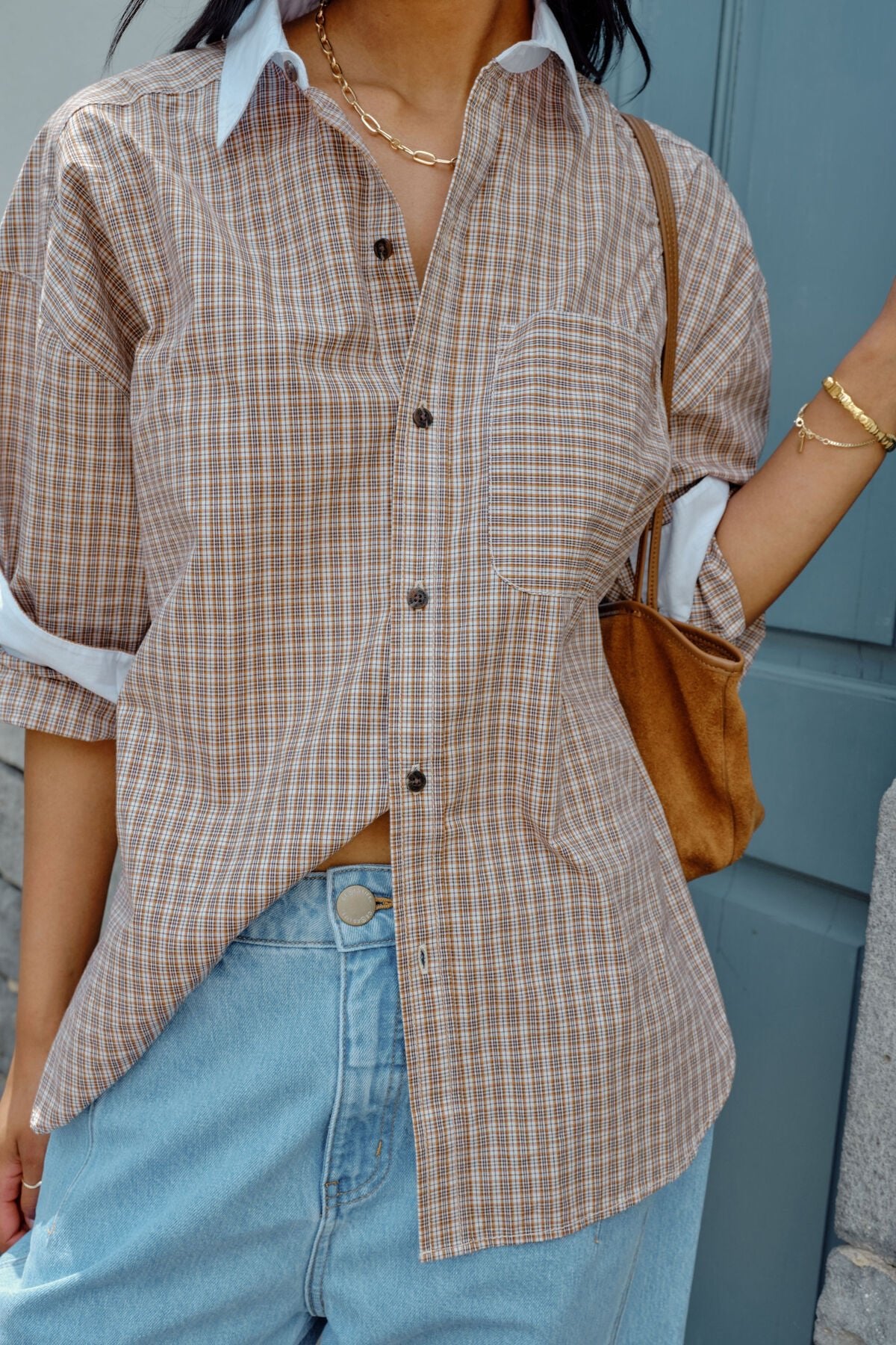 Peta Oversized Shirt (Toffee Check) - Something For Me​​