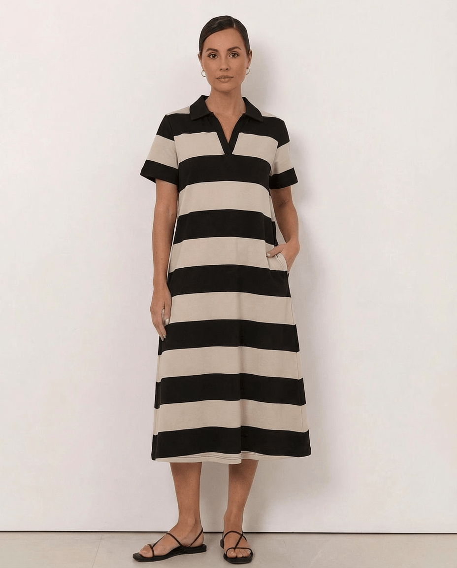 Polo Cotton Jersey Stripe Dress (Dove/Black) - Something For Me​​