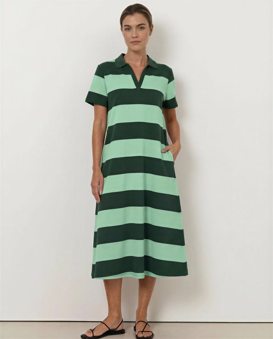 Polo Cotton Jersey Stripe Dress (Green/Forest) - Something For Me​​