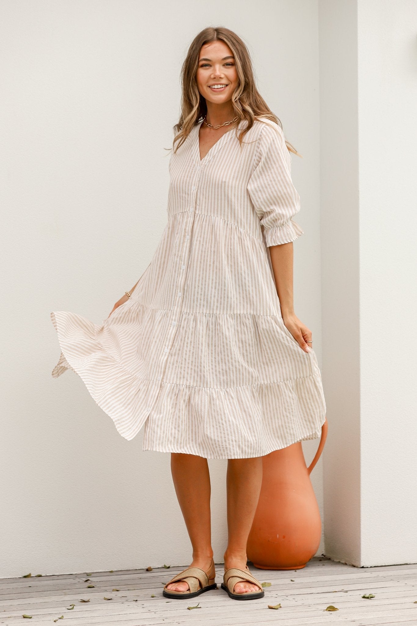 Rosalie Dress w/ Puff Sleeves (Latte/White) - Something For Me​​