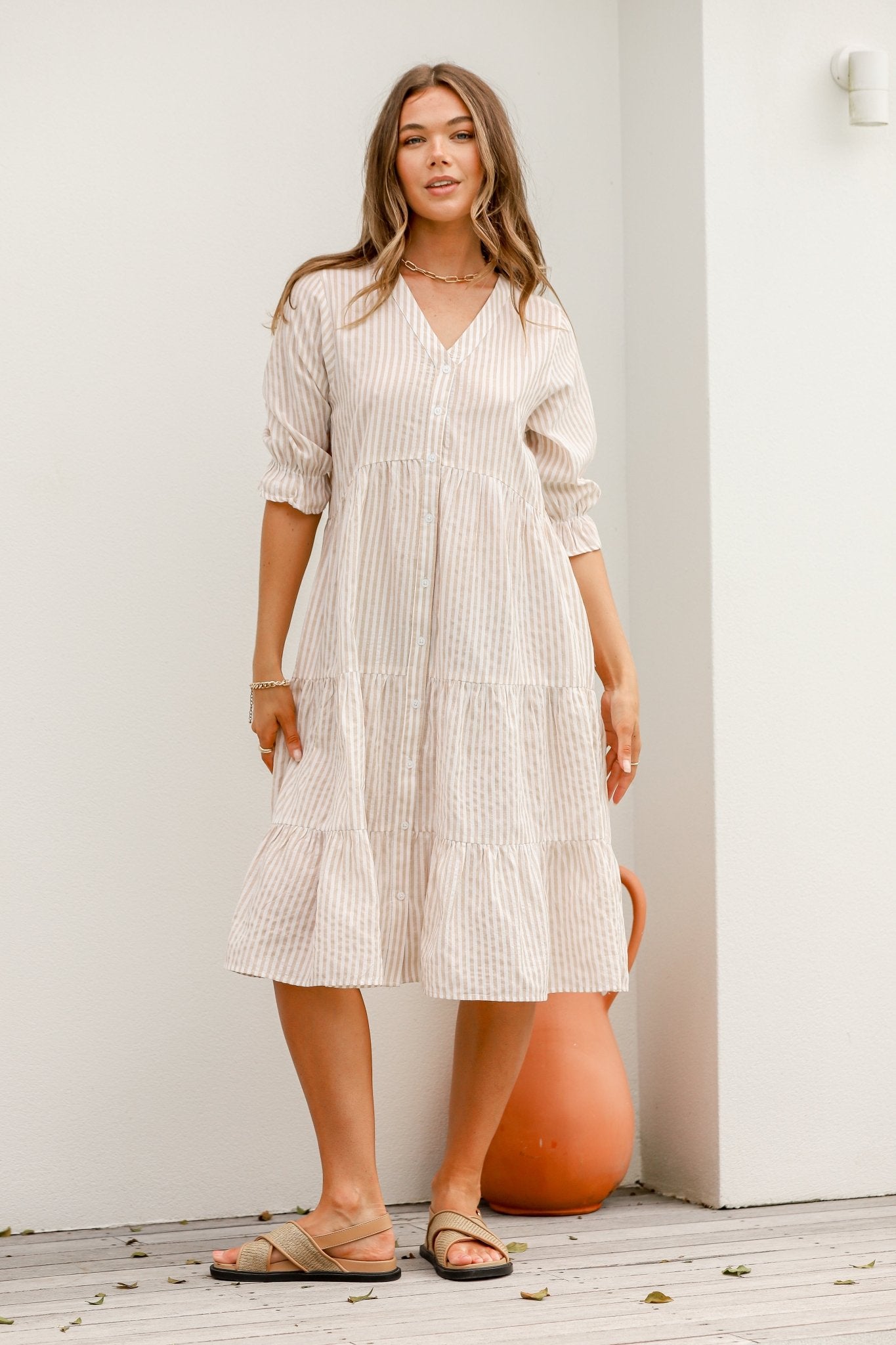 Rosalie Dress w/ Puff Sleeves (Latte/White) - Something For Me​​