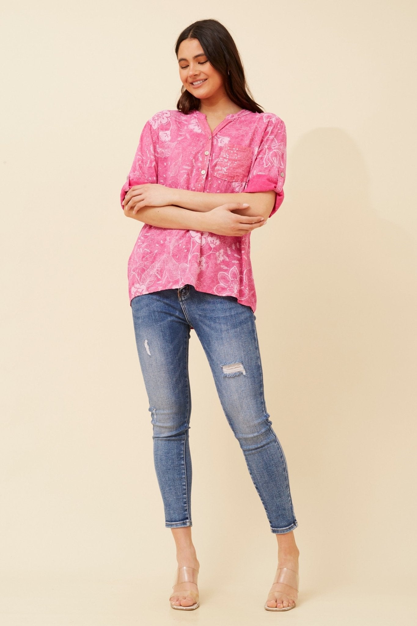 Rosetta Floral Sequin Shirt (Fuchsia) - Something For Me​​